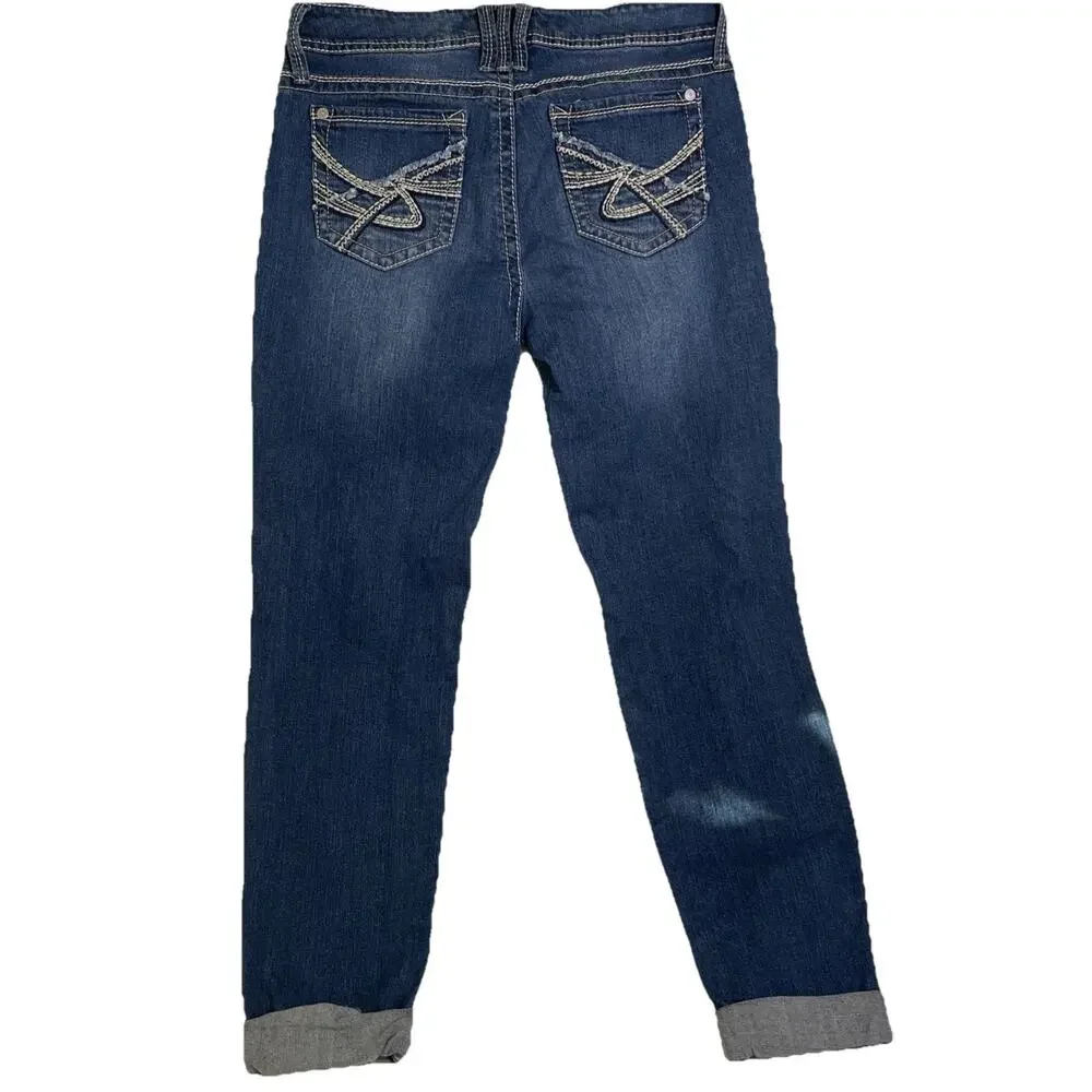 WallFlower Jeans Women’s 7 Blue Skinny Stretch Contrast Selvage Cuff Distressed